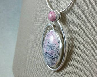 Ziosite with rhodinite one of a kind spiral statement pendant in sterling silver 18 x 28 pink and grey stone