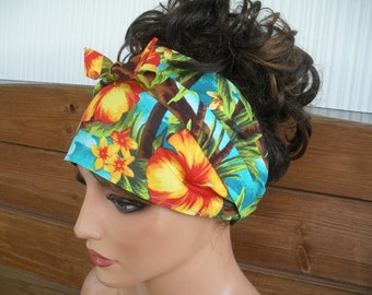 Womens Headband Fabric Headband Summer Fashion Accessories Women Headscarf Yoga Headband in Aqua blue with Hibiscus Flower print