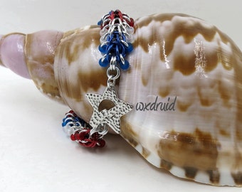 Beaded Chainmaille Bracelet, Red, White and Blue Full Persian Anodized Aluminum Chainmail Bracelet
