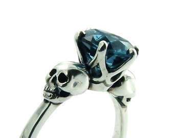 Skull Engagement Ring Blue Topaz Sterling Silver Skull Ring Goth Jewel Ring Blue Gemstone Memento Mori Womens Ring All Sizes Psychobilly
