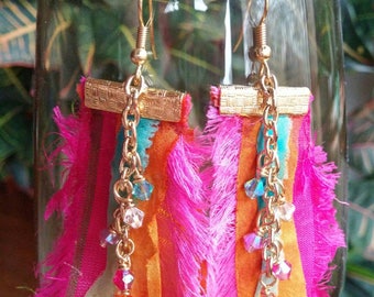 Boho Earrings, Silk Ribbon Earrings, Sari Silk Earrings, Dangle Earrings, Crystal Earrings, Boho Jewelry, Bohemian Jewelry