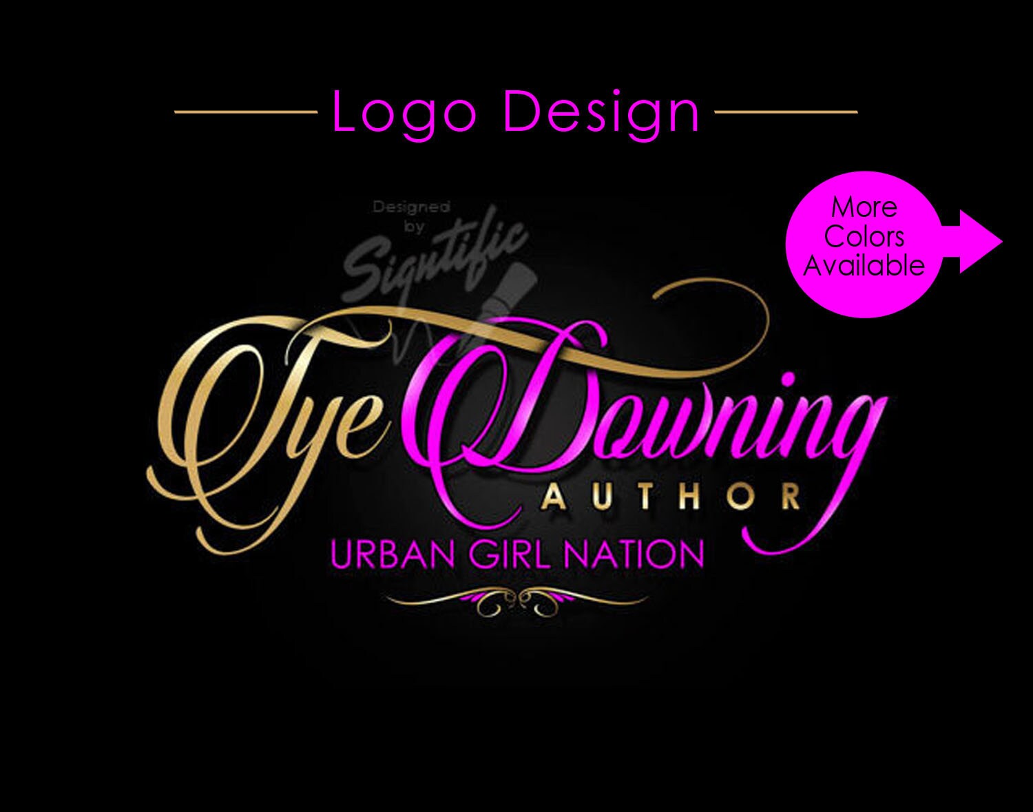 Name Text Logo, Custom Signature Logo Design in Gold and Pink Lettering