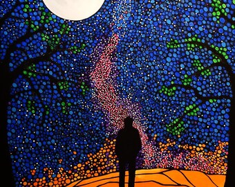 Star gazing silhouette, galaxy, milyway, romantic painting on framed ready to hang canvas, dot art, pointillism, gift for loved one, memory
