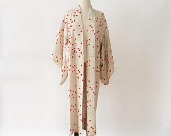 Vintage Floral Silk Ikat Mint Green Red Kimono Robe