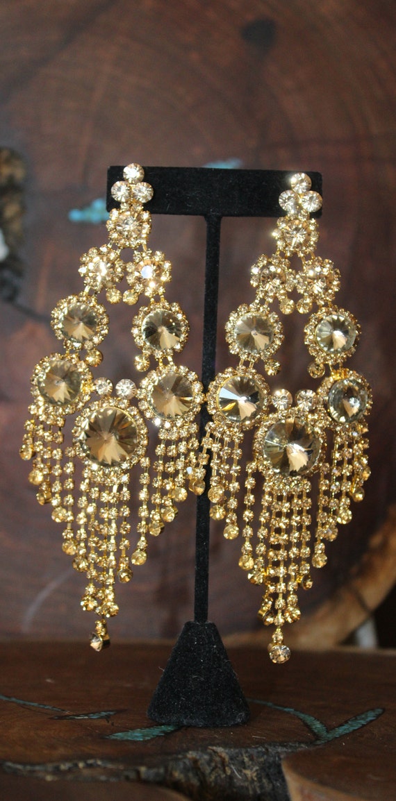 Gold Extra Large Rhinestone Chandelier Earrings