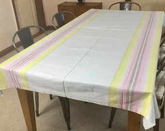 Large cotton tablecloth / fabric. White with pastel stripes. Vintage Danish fabric / material. Scandinavian tableware.