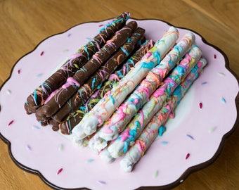Chocolate Covered Pretzel Rods- Paint Splatter- One Dozen