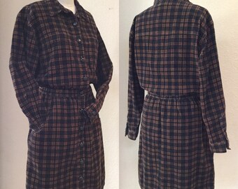 Vintage plaid corduroy dress, 80's dress, vintage woman's black plaid dress