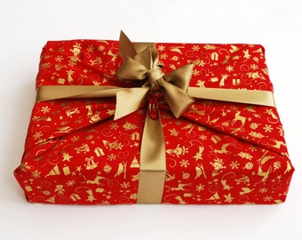 Reusable Gift Wrapping, Red with Gold Christmas Motif Print Fabric with Gold Ribbons Sewn on