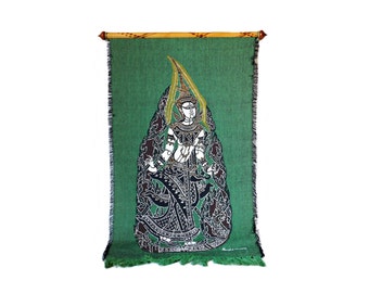 1960's Thai Wall Tapestry, Goddess Tara The Mother of Liberation, Buddhist Deity, Emerald Green Tapestry, Circa 1960's by APK Textiles