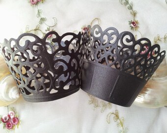Black Lace Cupcake Wrappers Pearlised Lace Holders Filigree Lace Hearts Muffin Wedding Cupcake Bridal Shower Party Birthday- Set of 12