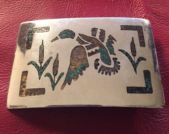 Sterling Mallard Belt Buckle 56 Grams Silver. 3 1/8" x 2" Inlaid crushed Turquoise & Coral