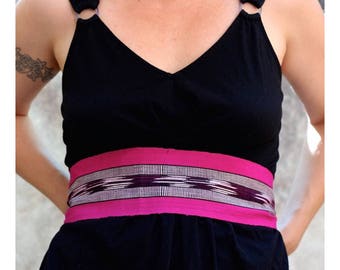 Magenta Pink Sash, SA05 - Bohemian Belt - Gypsy Clothing - Guatemalan Textiles - Hot Pink Sash Belt - Black and White Ikat Fabric