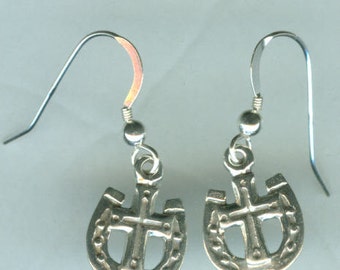 Sterling Silver WESTERN CROSS Earrings -- French Earwires - Equestrian, Horse, Luck