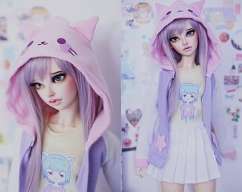 Slim MSD Minifee or SD BJD hoodie shirt skirt set - Neko Girl
