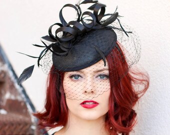 Black Fascinator with veil, Womens Tea Party Hat, Church Hat, Derby Hat, Fancy Hat, Black Hat, Tea Party Hat,wedding hat
