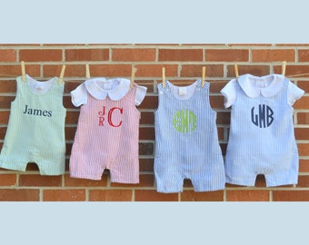 Baby boy summer outfit, baby boy jon jon, seersucker shortall, boy beach outfit, boy baby gift, toddler outfit, toddler romper, seersucker