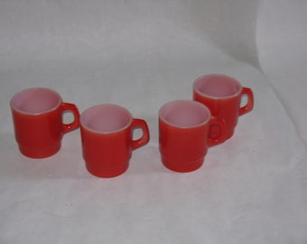 Set of 4 vintage red glass mugs Anchor Hocking made in USA