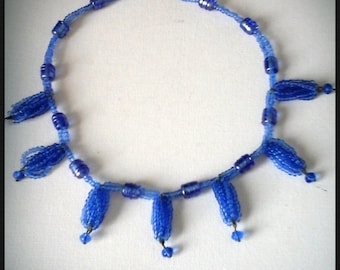 Classic beaded collier seed beads fantasy necklace Cottage chic style necklace, Bright Blue seed beaded collier