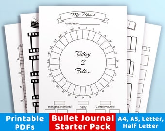Bullet Journal Printables Starter Kit, Mood Trackers, Habit Trackers, Daily Log, Movies to Watch, Books to Read, Sleep Tracker, Workout Log