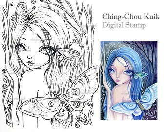 Enter The Woods - Digital Stamp Instant Download / Dryad Moth Fantasy Art by Ching-Chou Kuik