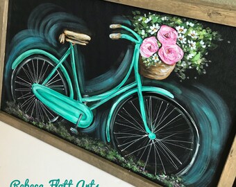 simple beautiful Vintage Bike, Screen Art, Porch decor, Vintage Inspired, Teal Bike, handmade