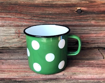 Green with White Polka Dots Enamelware Cup