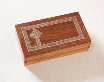 Hand made Wooden Urn, made of solid Caribbean Rose wood with a Celtic Cross inlayed with Silver