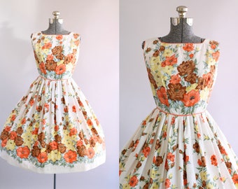 Vintage 1950s Dress / 50s Cotton Dress / Orange Yellow and Brown Floral Border Print Dress S