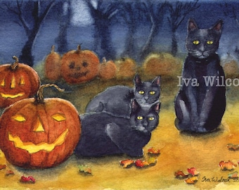Black Cat Halloween - PRINT of my Original Watercolor Painting Folk Art
