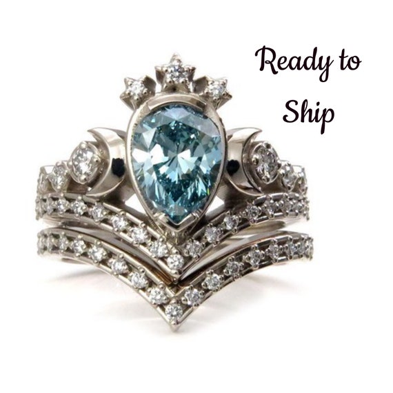 OOAK Lunar Priestess Engagement Ring - Irradiated Blue Pear Diamond with White Diamonds - 14k Palladium White Gold - Size 6-8 Ready to Ship