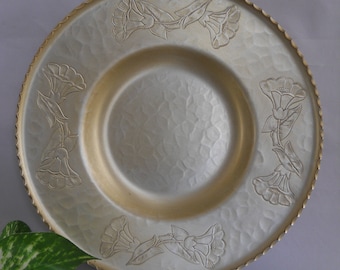 Aluminum Tray, Farberware, 11", Light Gold Anodized, Morning Glory Design, Fruit Bowl, Round Tray