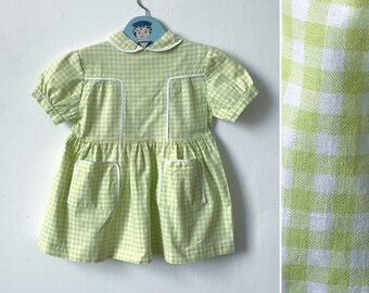 Vintage girls dress, summer dress, 1950s 1960s French, green and white gingham, Peter Pan collar, vintage girls clothes, age 3 years