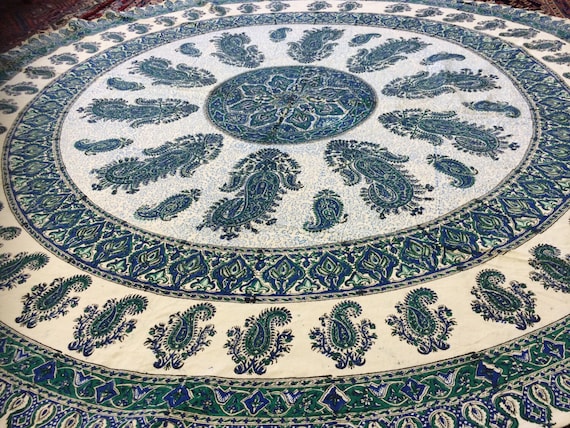 Handcrafted 70 inches Round tablecloth, block printed Calico fabric with Natural dyes, mandala tapestry with tassels
