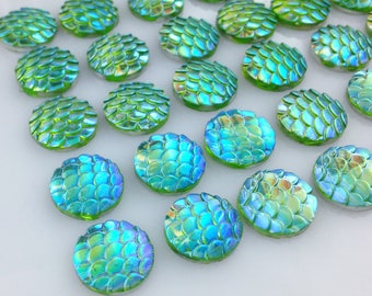 20pcs, Green Scale Cabochons, 12mm Cabochons, Mermaid Scales, Green Cabochons, Dragon Scales, Scale Cabs, FBC100