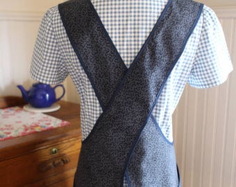 Navy Blue Calico Vintage Inspired Apron - Ready to Ship- No Ties Criss Cross Back Old-Fashioned