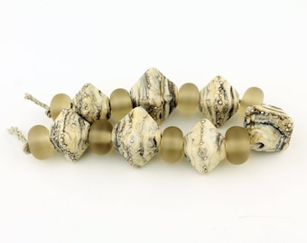 Lampwork Glass Bead Set (15), Organic Rustic Chunky Crystal Bicone, Ivory, Black, Beige