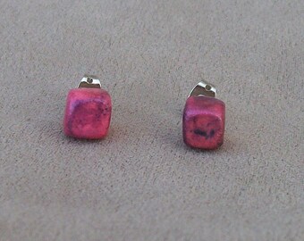 Polymer Clay Raku Cube Stud Earrings- Pink
