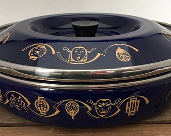 Vintage Siltal Depositata Italy Porcelain Enamel Steel Italian Cookware Pan W/ Lid Asian Theme Masks Cobalt Blue Mid-Century Modern MCM