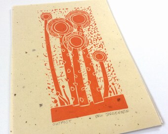 linocut - OUTPOST // 5x7 art print // printmaking // block print // nature art // sprouts // seedlings // weeds // original art // orange