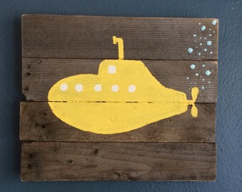 Yellow Submarime. Painted on reclaimed wood. 16" x 13 1/2"