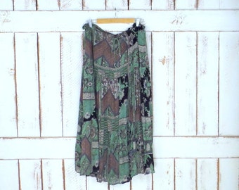 Vintage green tribal/floral print sheer boho maxi skirt/long gauzy crinkle Indian gypsy festival skirt/drawstring waist skirt