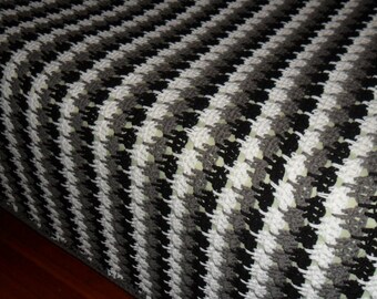 Crochet Afghan (King Size !02 in.W X 80 in.L) Blanket - Coverlet - Bedspread - Throw ''TIER DROP'' in Black-White-Gray
