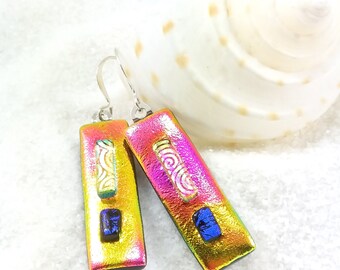 Dichroic glass, earrings, Hana Sakura, dichroic earrings, Fused glass earrings,fused glass jewelry,dichroic glass jewelry,statement earrings