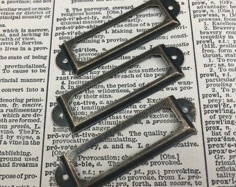 Vintage look brass label holders for drawers - heavy antique brass drawer tag holder - apothecary label, card catalog - library cabinet