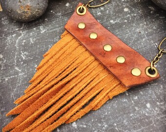 Leather Fringe Necklace, Suede, Brass Studs, Boho