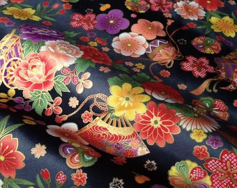 Japanese fabric, flowers, black background, cotton 110 x 50 (232)