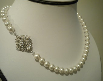 Bridal Pearl necklace, Vintage Style, rhinestone and Pearl necklace, Bridal Necklace Robyn