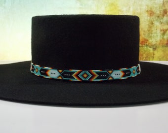 Green Turquoise Chevron Native American Beaded Hat Band Authentic Cherokee Hand Made Jewelry Beadwork By LJ Greywolf