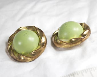 80's Retro Large Green & Gold Clip On Earrings